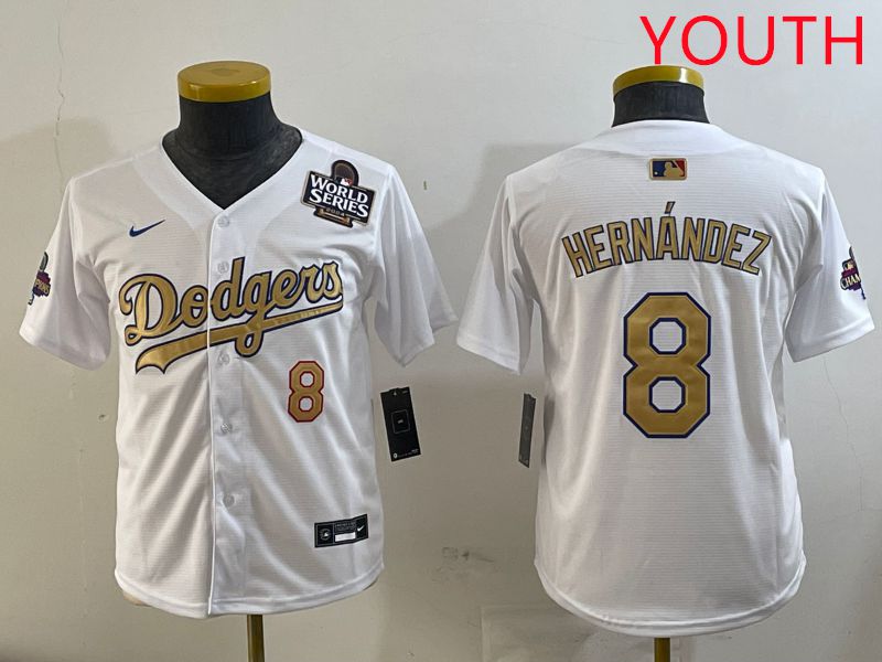 Youth Los Angeles Dodgers 8 Hernandez White Champion gold character 2025 Nike MLB Jersey style 3